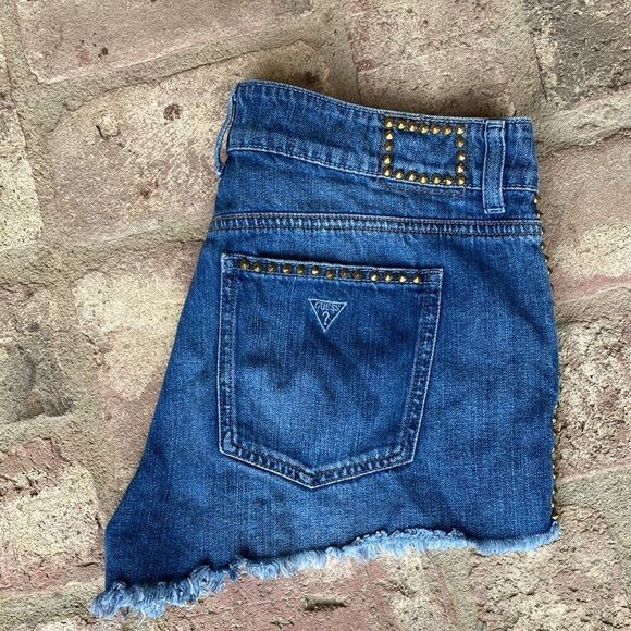 Guess Denim Raw Hem Embellished High Rise Jean Shorts Size 30 - Picture 11 of 11